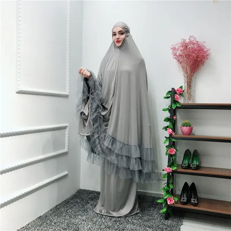 2 Piece Women Prayer Hijab Dress Dubai Muslim Khimar Jilbab Overhead Abaya Clothing Ramadan Skirt Kaftan Solid Color Set Islamic