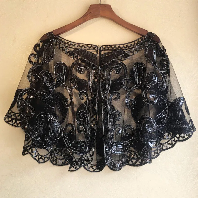 Black(string) Женская винтажная шаль с блестками 1920 s, элегантная женская прозрачная сетчатая блестящая накидка на плечо с блестками и бисером, вечерняя накидка для вечеринки - Цвет: Black(string)