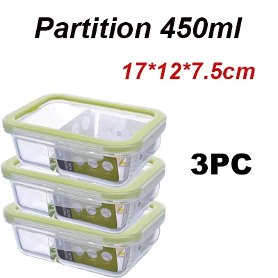 Partition-450ml 3PC Стеклянный Ланч-бокс для микроволновой печи с подогревом Холодильный запаянный герметичный контейнер для еды прозрачный боросиликатный пищевой контейнер - Цвет: Partition-450ml 3PC
