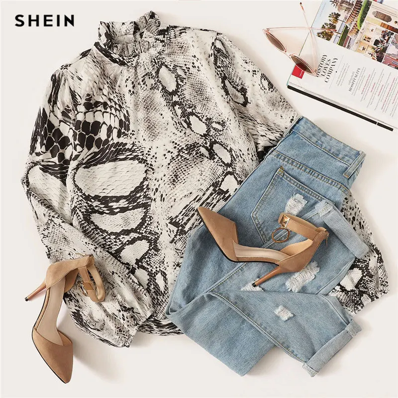 SHEIN Блуза С Животным Принтом Змеи, Блуза С Длинным Рукавом И Высоким Воротником, Блуза С Модным Принтом