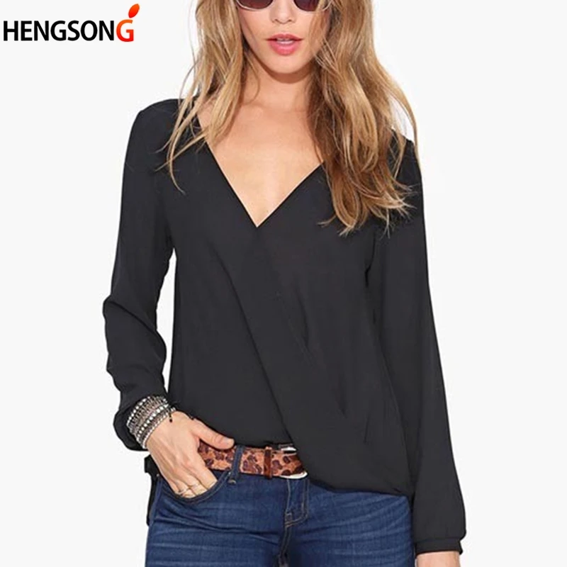 Женская Свободная шифоновая блузка с длинным рукавом и v образным вырезом