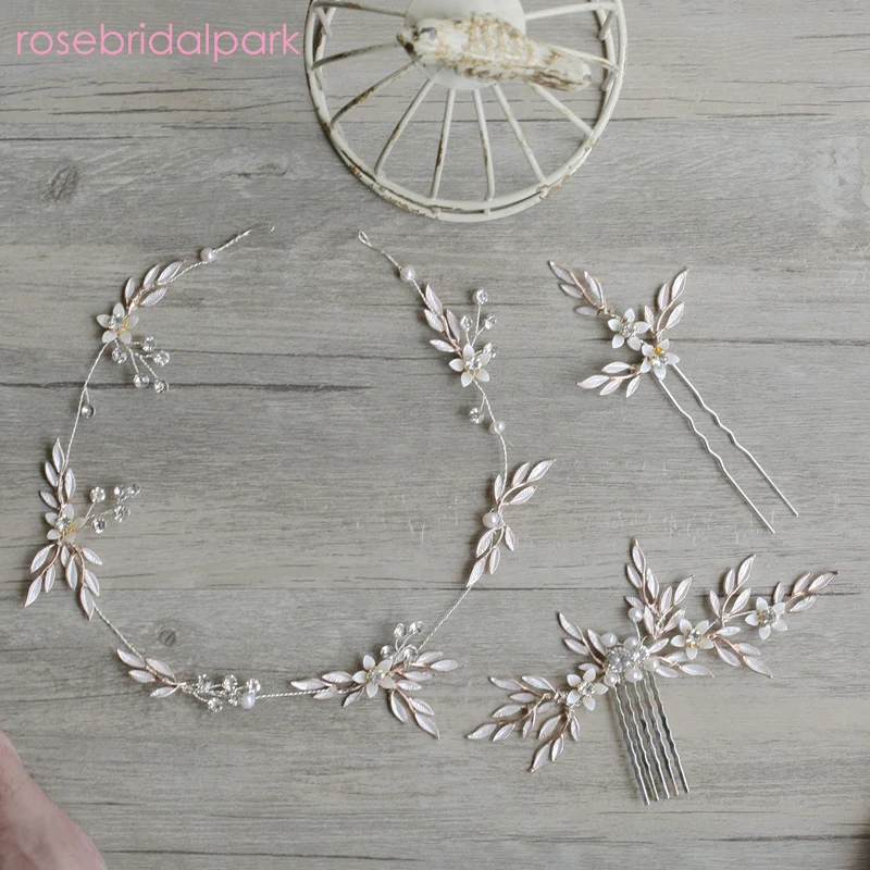 Rosebridalpark Модный Цветок Циркон Свадебные Заколки Для Волос золото пресноводный жемчуг кристалл повязки на голову с листьями заколки, аксессуары
