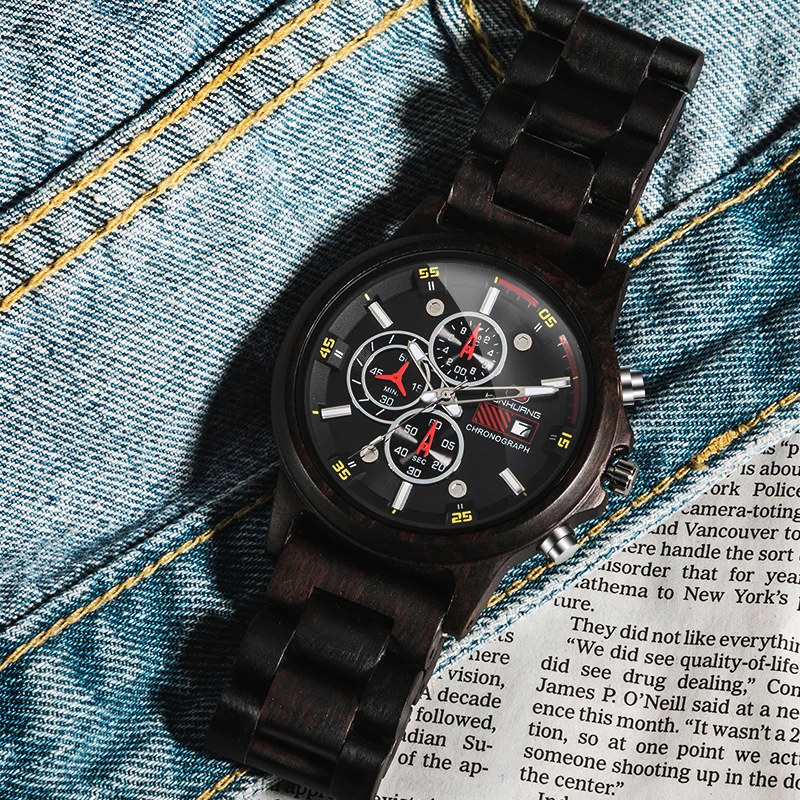 Мужские деревянные часы кварцевые с секундомером в стиле милитари 2019|Кварцевые