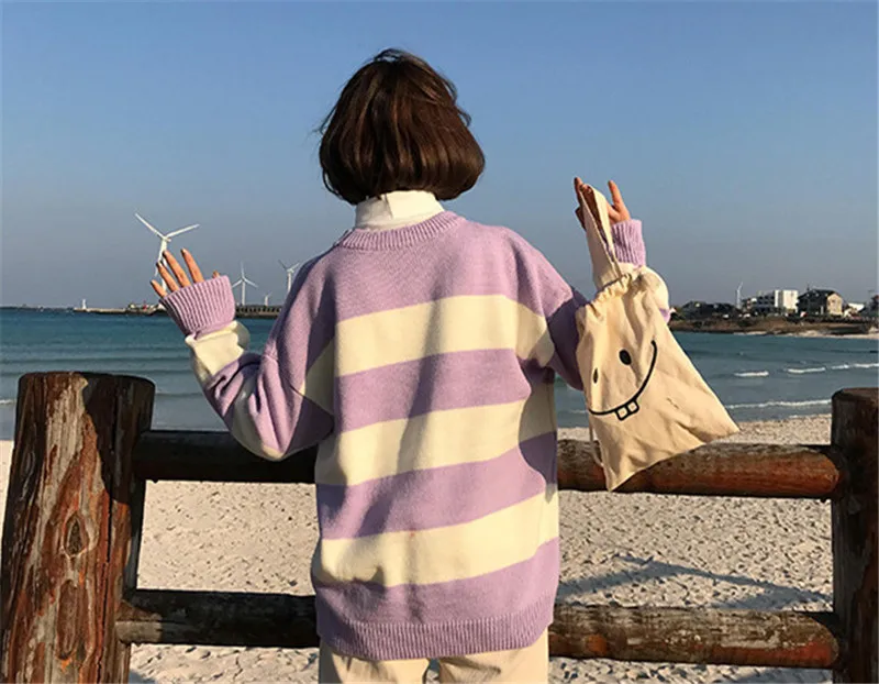 Женский свободный свитер Kawaii Ulzzang колледжа ярких цветов в полоску с Луной наборы