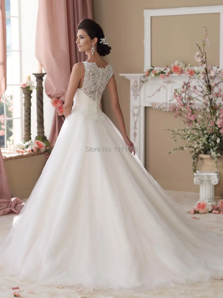 Luxury Ball Gown Wedding Dresses 2015 Sheer Lace See Through Back Bridal Gowns Organza Vestido De Noiva Free Shipping SW2493 | Свадьбы и