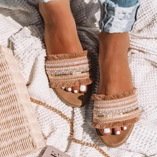 2019 Summer Women Flat Slippers New Openwork Woven Fabric Mixed Colors Sandals Rome Retro Casual Shoes Female Outdoor Home | Обувь