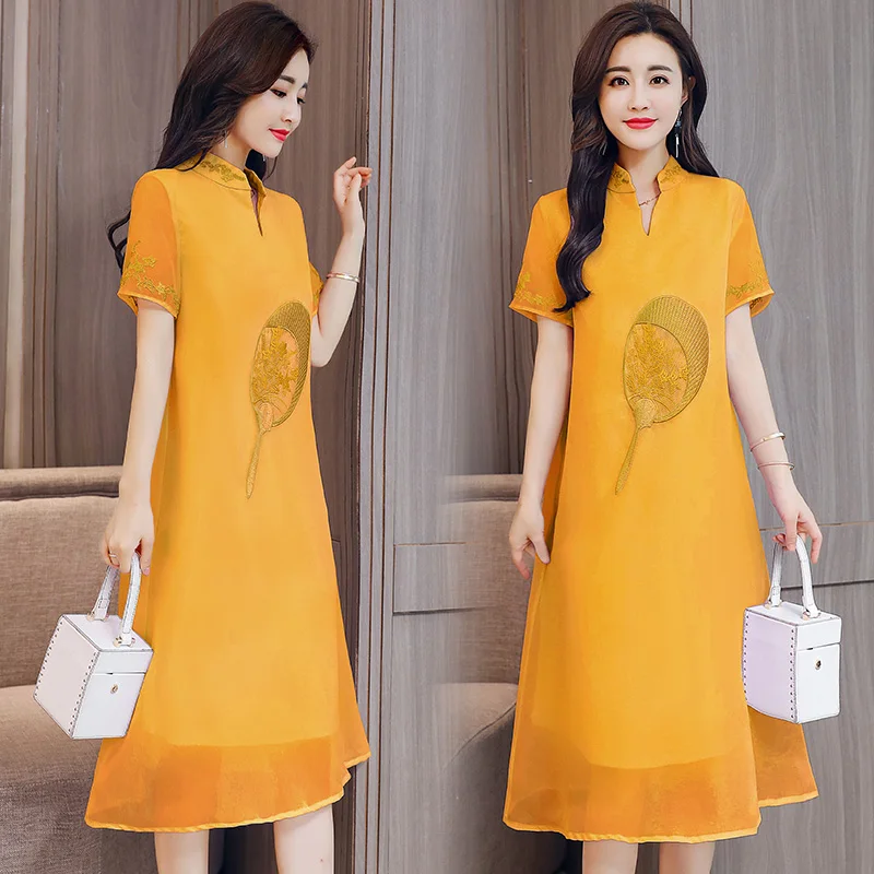 Взлетно-посадочной полосы китайский cheongsam шелковые свободные платья элегантные