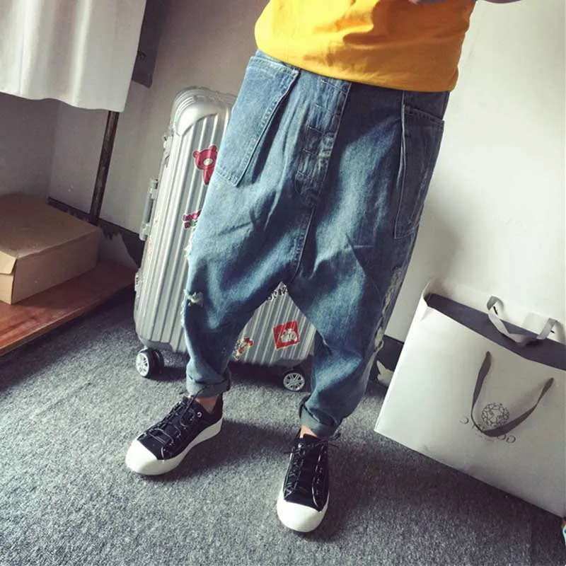 Loose Baggy Harem Jeans Men Hip Hop Ripple Jeans Denim Pants Streetwear Low Crotch Distressed Jeans Blue Trousers Male Clothes