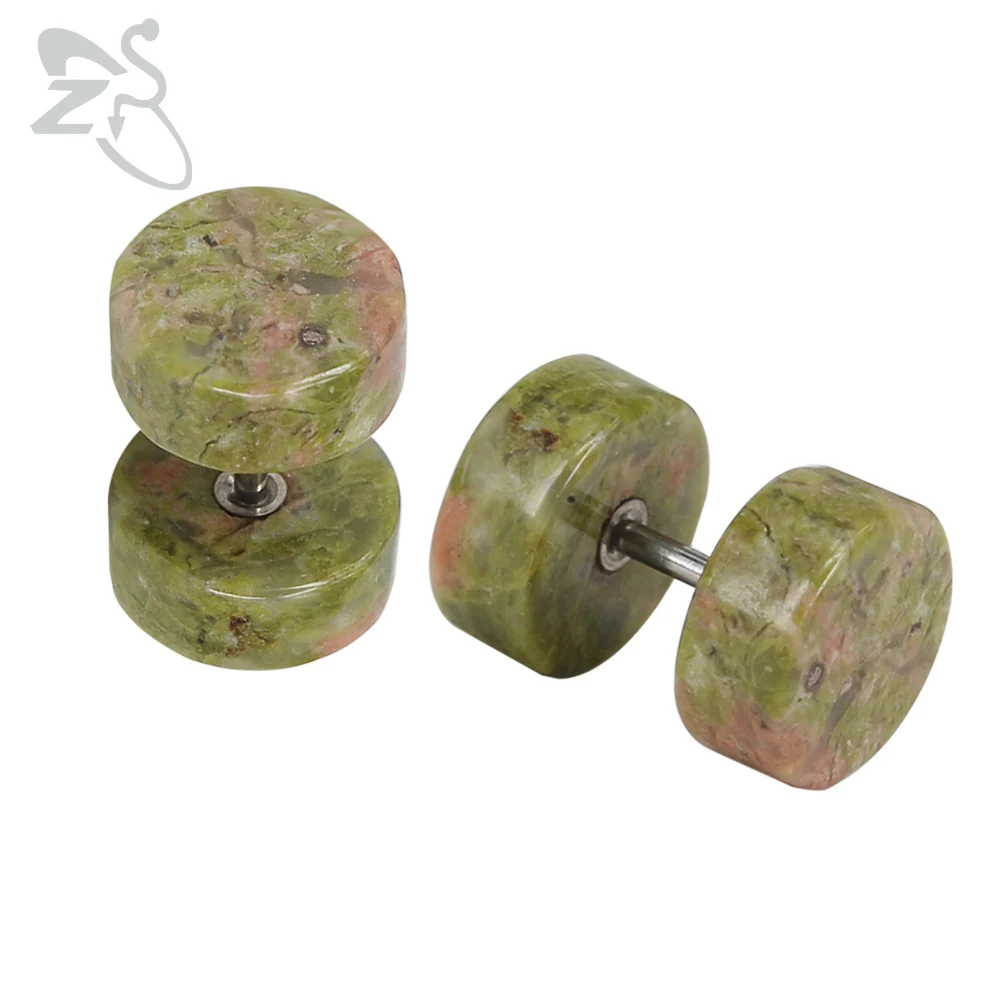 Green Stone ZS 1 Piar деревянная штанга гантели панк Готика Серьги-гвоздики мужские натуральный камень хип-хоп Рок улица поп серьги мужские байкерские ювелирные изделия - Окраска металла: Green Stone