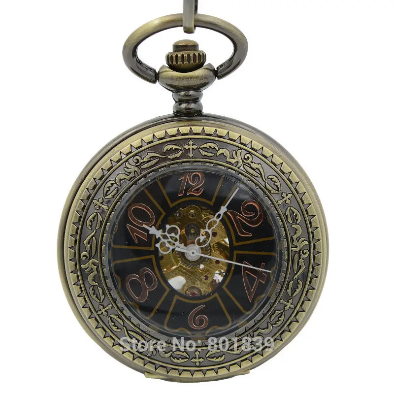 Vintage Magnifier Case Arabic Black Dial Number Hand Wind Mechanical Men Pocket Watch 17 Jewels w/Chain Reloj De Bolsillo | Наручные часы