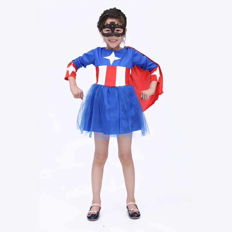 Free shipping 2016 Halloween children's clothing for girls Captain America Suit Set Cosplay Children's Day performance |