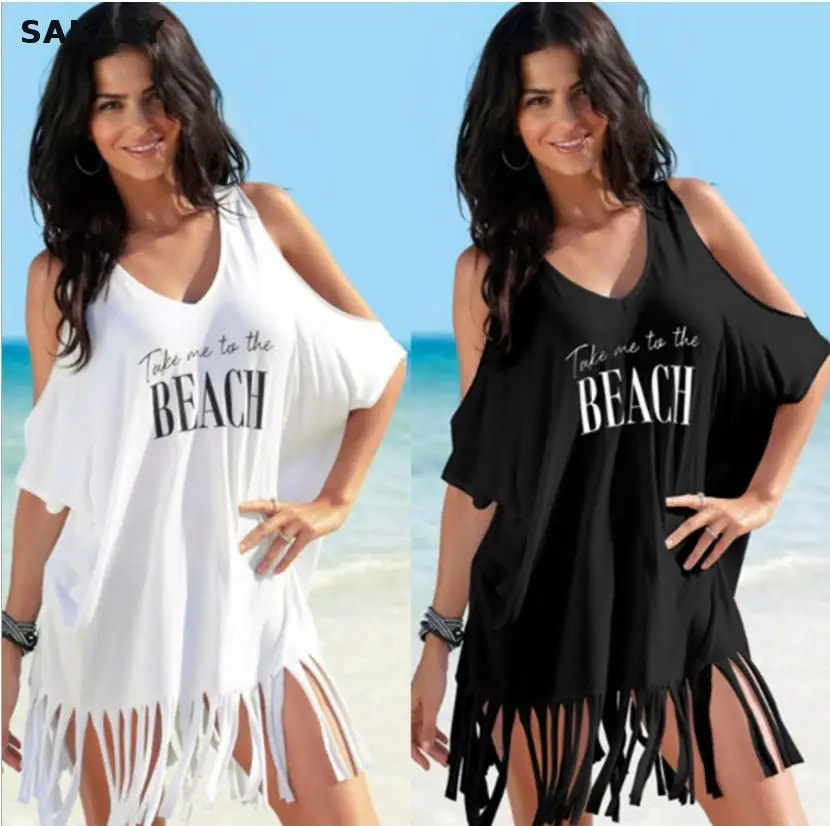 

2019 New Cotton Boho Tassel Loose Bikini Summer Dress V-neck Strapless Printed Letters Beach Beach Women Dress Vestido