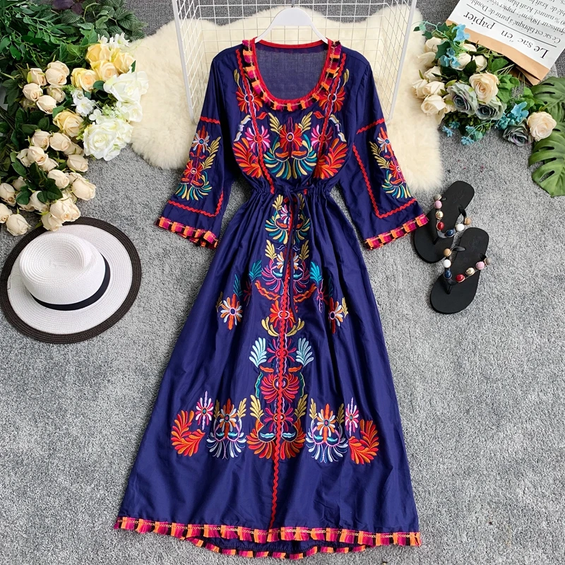 2019 Новое модное женское богемное платье этнический стиль вышивка тотем вырез