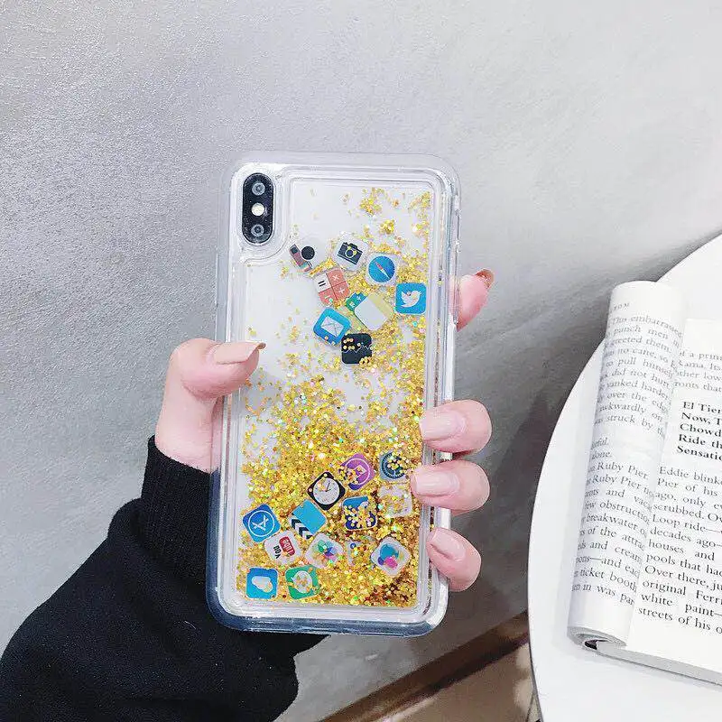 Чехол KISS с динамической жидкостью, Жесткий Чехол из поликарбоната для iPhone X, XS, MAX, XR, чехол с зыбучим песком для iPhone 116, 7, 8 plus, милый прозрачный чехол с изображением приложений