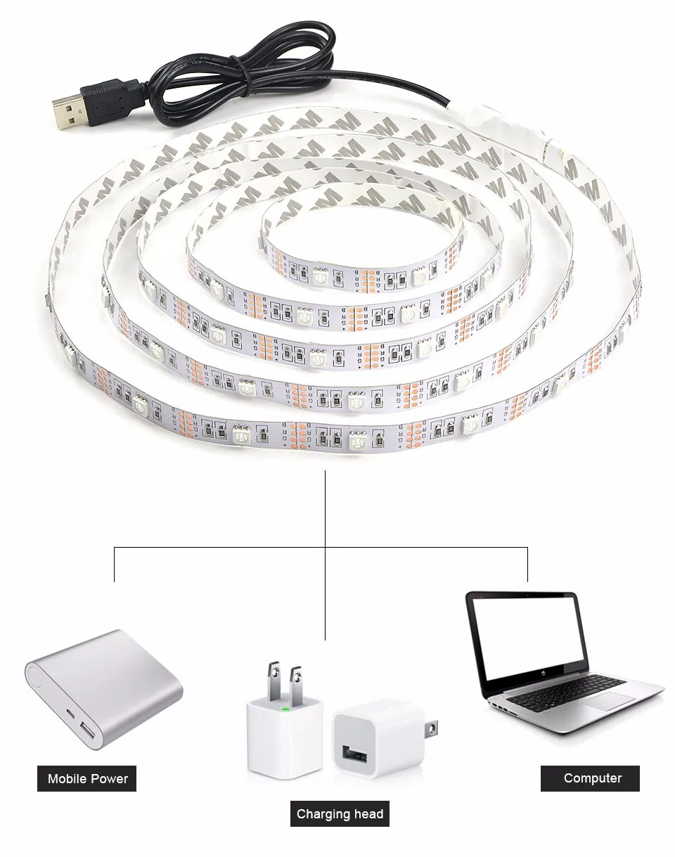 1 шт. SMD 3528/5050 DC 5 В USB источник питания Декор RGB Светодиодная лента светильник лента 50 см 1 м 2 м лента белый/теплый белый/RGB