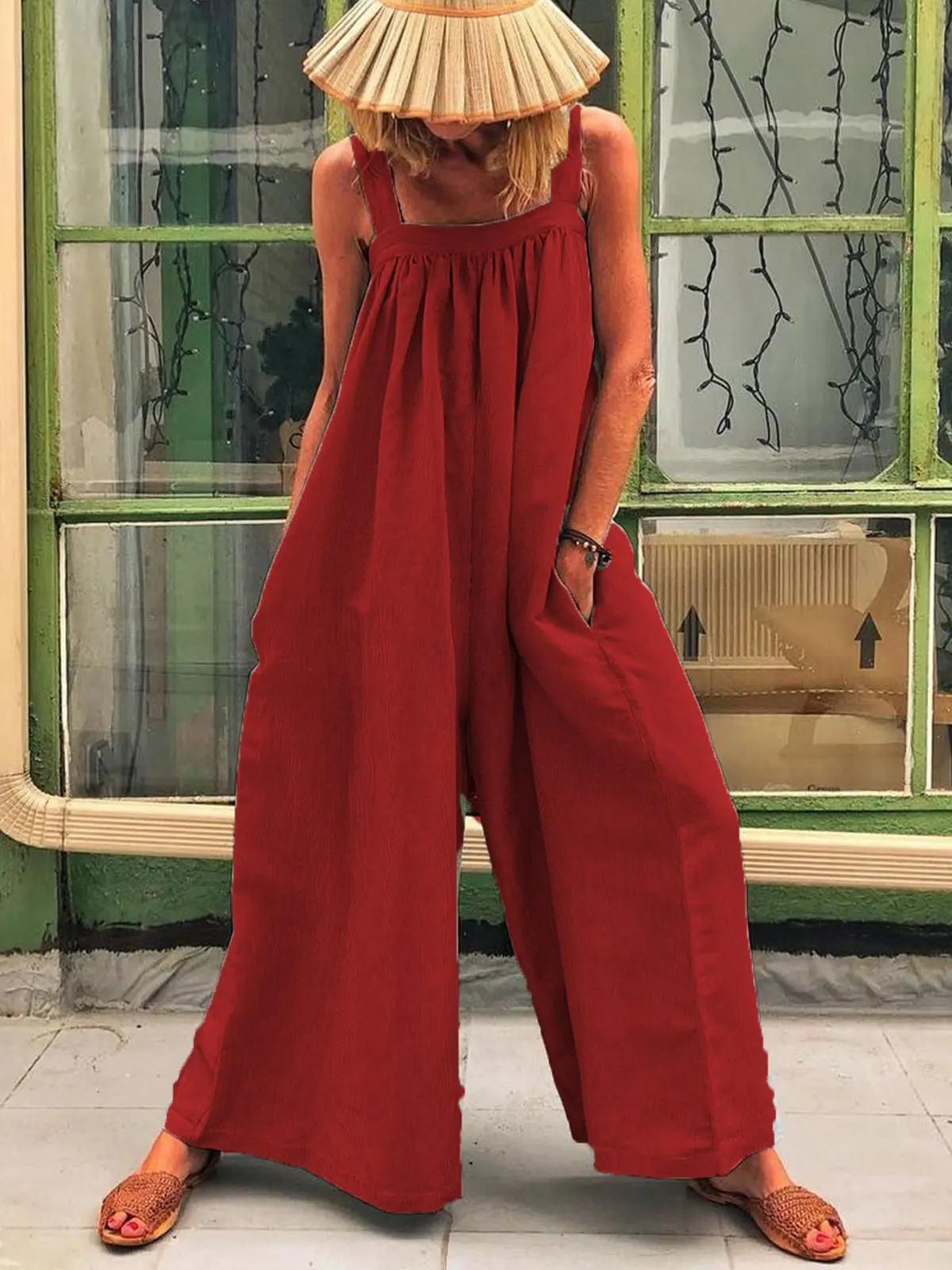 Женский комбинезон, сплошной цвет, высокая талия, комбинезон, Boho, красный, серый, на тонких бретелях, топ, широкие штаны, женские летние, одежда для девушек