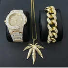 Роскошные мужские часы золотого и серебряного цвета, браслет и ожерелье, комбинированный набор, кубинские часы, кулон в виде листа, ожерелье, хип-хоп для мужчин