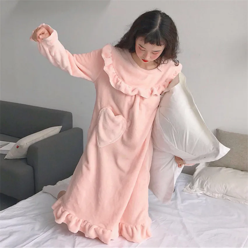 Женские Фланелевые ночные рубашки с оборками осенне зимние длинным рукавом для