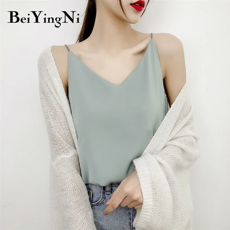 Beiyingni, свободная Базовая Сексуальная женская блузка, шифоновая, летняя, универсальная, простая, Корейская, женская жилетка, Топики, однотонная, тонкая одежда для женщин - Цвет: Зеленый