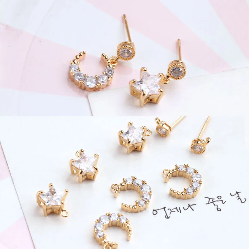 Diy серьги 18 K Настоящее золото Цвет сверкающие циркония Луна Звезда подвеска для