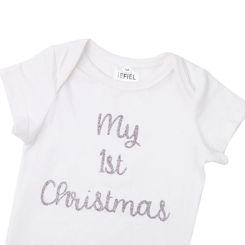 Новогодний костюм для маленьких девочек из 3 предметов одежда с принтом «My 1st Christmas» комбинезон с короткими рукавами+ шаровары+ повязка на голову, Одежда для новорожденных девочек
