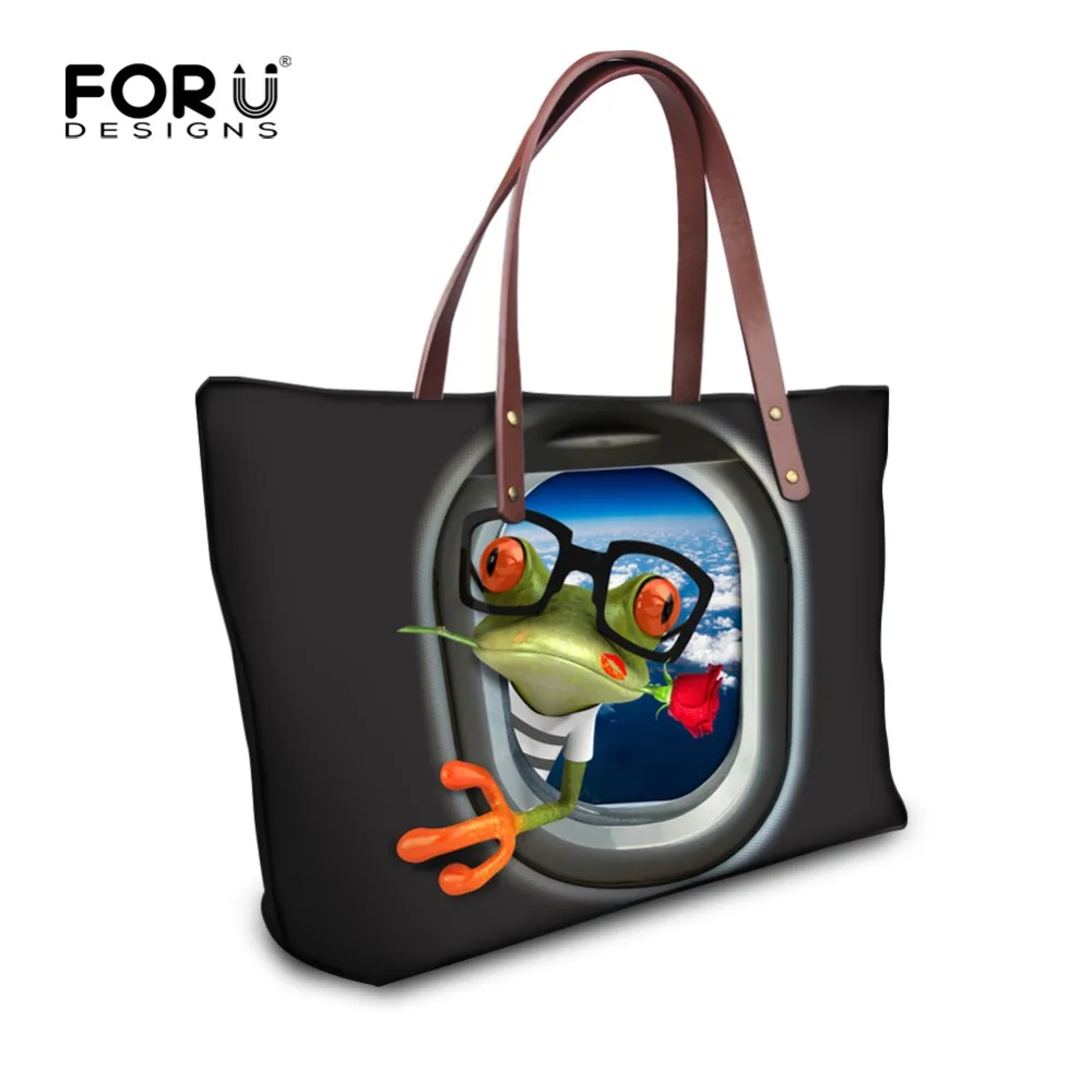 FORUDESIGNS Women Shoulder Bag Black Print Frog Handbag Female Daily Use Single Casual Tote Bags Blosas Feminina | Багаж и сумки