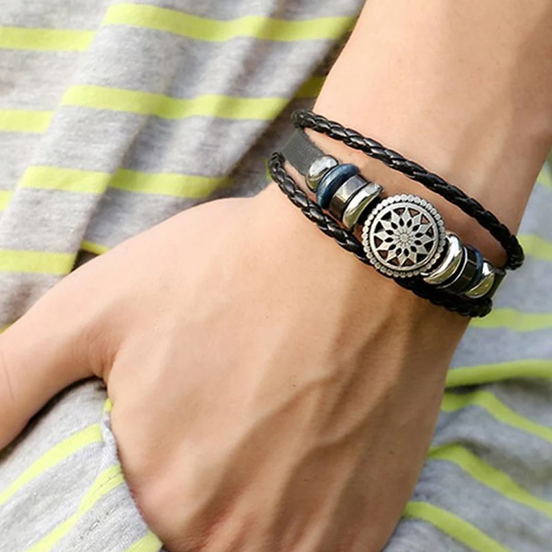 Vintage Hip-hop Multilayer StarBead Bracelet Woven Punk Leather For Men Jewelry Braid Wrap Bangle | Украшения и аксессуары