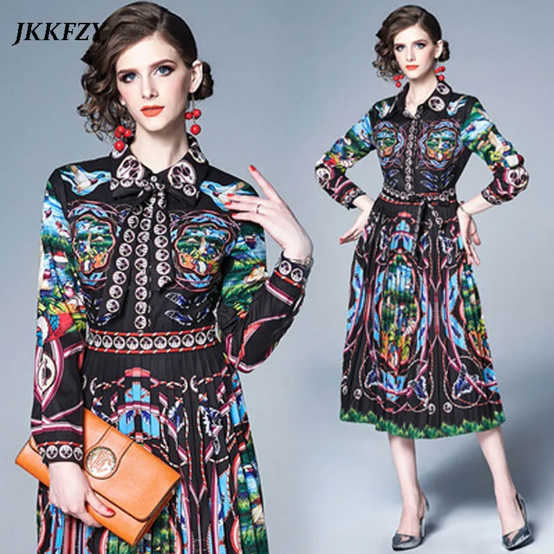 

Sping Summer Women Pleated Dresses Runway 2019 High Quality Long Sleeve Floral Print Elegant Midi Dress Vestido Robe Femme
