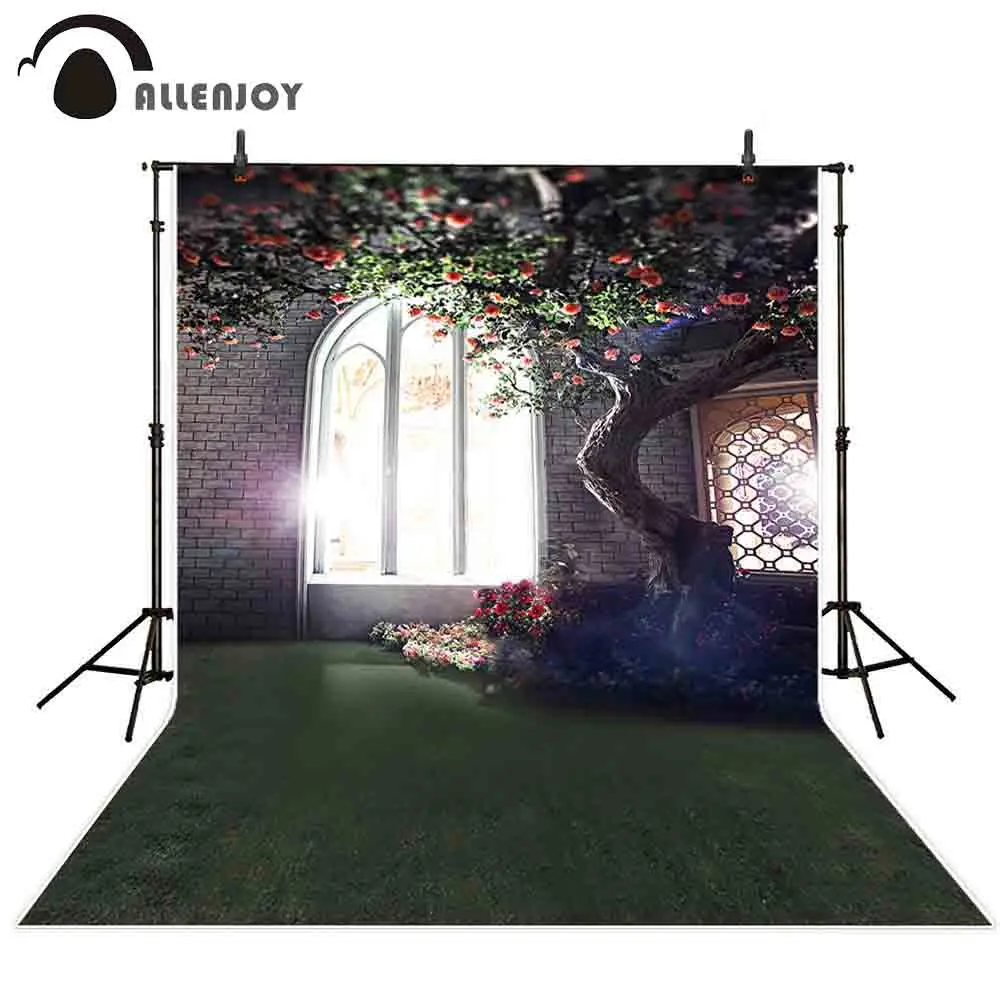 

Allenjoy photophone wallpaper brick window flower tree indoor vintage shine green floor wedding photocall backdrops background