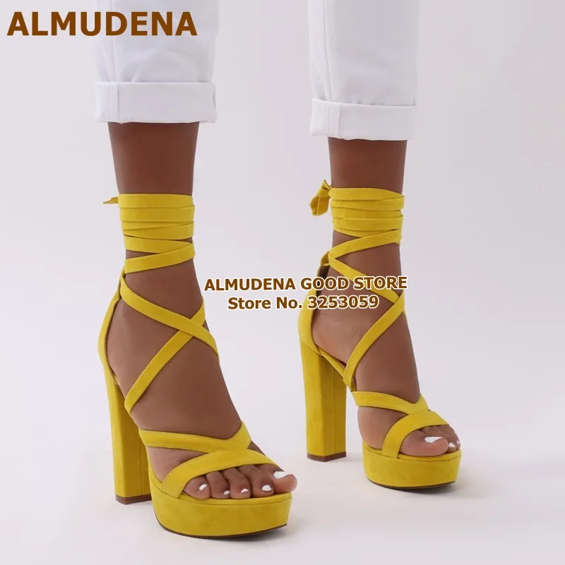 ALMUDENA/высококачественные желтые замшевые сандалии гладиаторы на платформе и