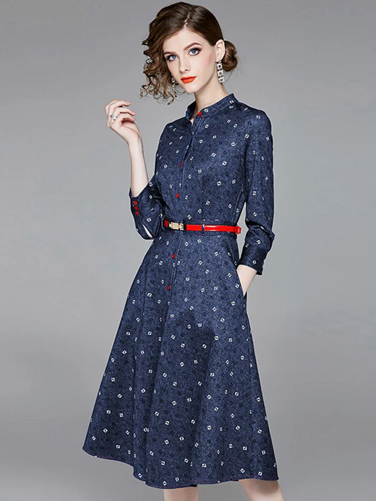 

2019 New Designer Women's Dress Stand Collar Cropped Sleeves Denim Print Waist High Elegant Quality A Word Casual Beach Dresses