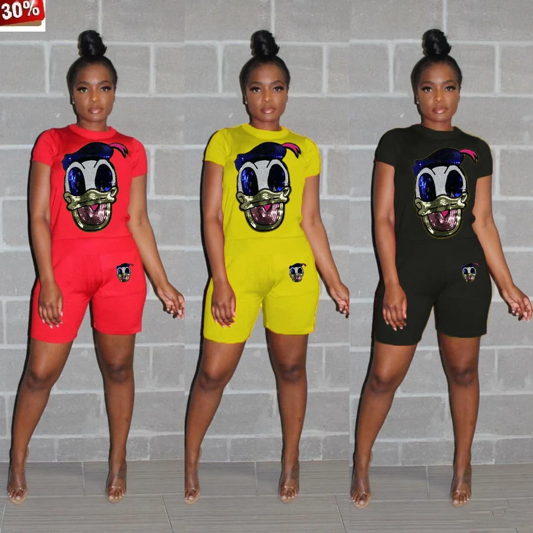 Комплект с шортами блестками из двух предметов Женский Повседневный Спортивный