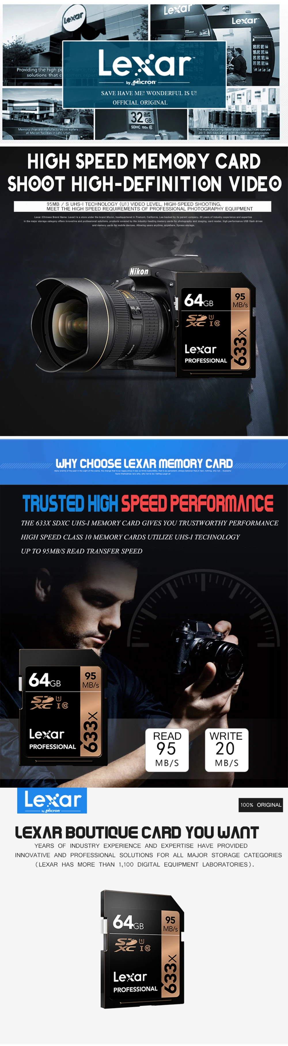 Lexar класс 10 633x U3 32 Гб SDHC SDXC 64 Гб карта памяти 128 ГБ UHS-I C10 max95MB/s 16 Гб карта SD для камеры