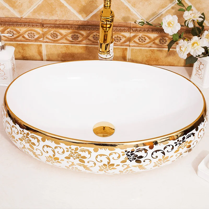 Oval gold Chinese Countertop Basin Handmade Ceramic Vessel Sinks Vanities decorative art ceramic wash basin Bathroom Sink | Обустройство