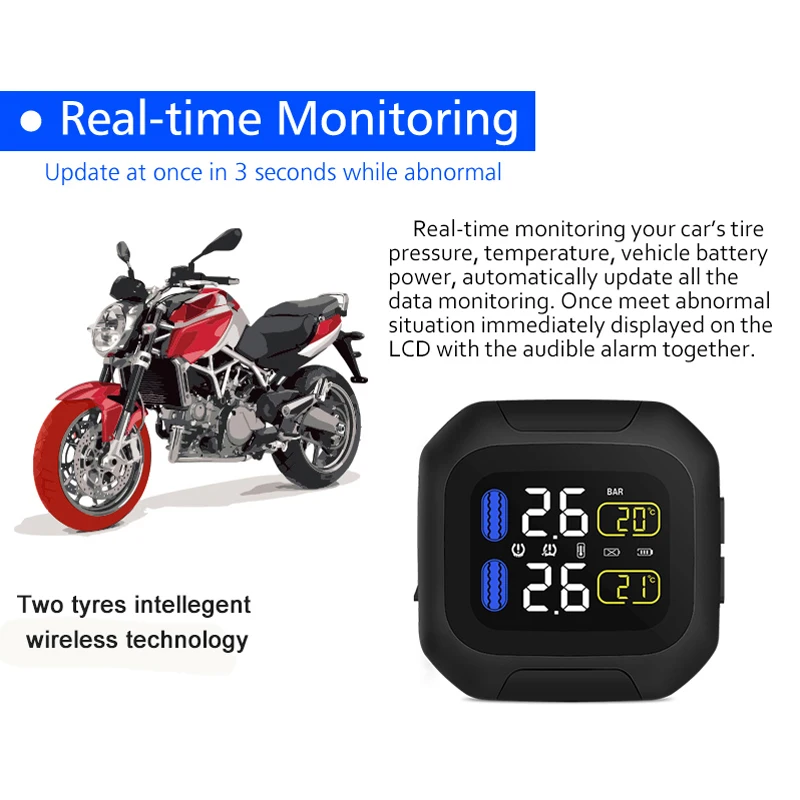 Motorcycle TPMS Tire Pressure Monitor System M3-WI 2-sensor Wireless LCD Display Moto Alarm displays real-time pressure | Автомобили и