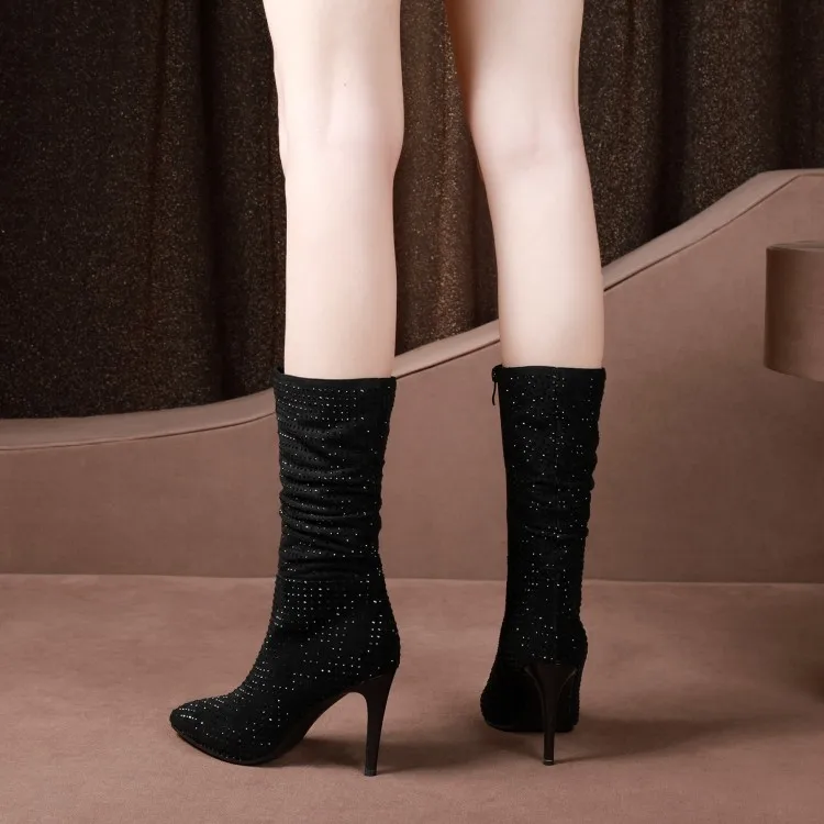 MLJUESE/женские сапоги до середины икры замшевые с заклепками синего цвета на