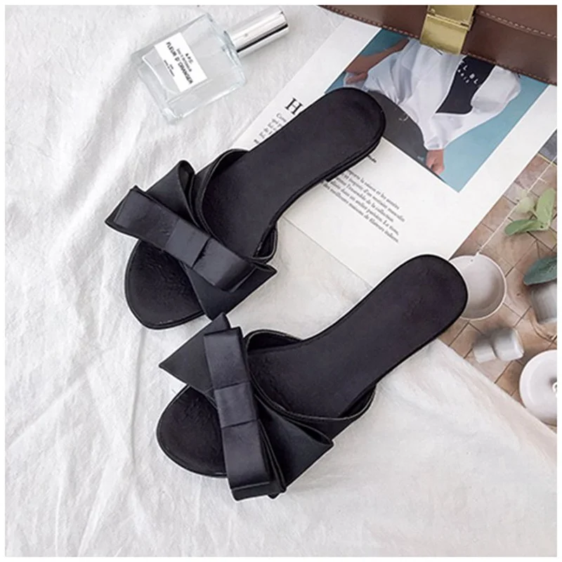Black Bailehou/женские тапочки на плоской подошве; коллекция года; Корейская версия; сезон лето; Новинка; вьетнамки на платформе с большим бантом; Уличная обувь - Цвет: Black