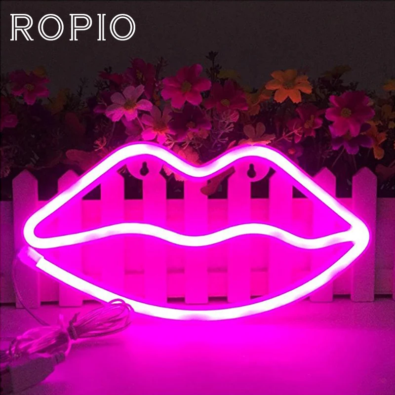 

ROPIO LED Neon Sign Night Lights Flamingo/lips Unique Design Soft Light Wall Decor Lamp For Christmas Wedding Party Kids Room