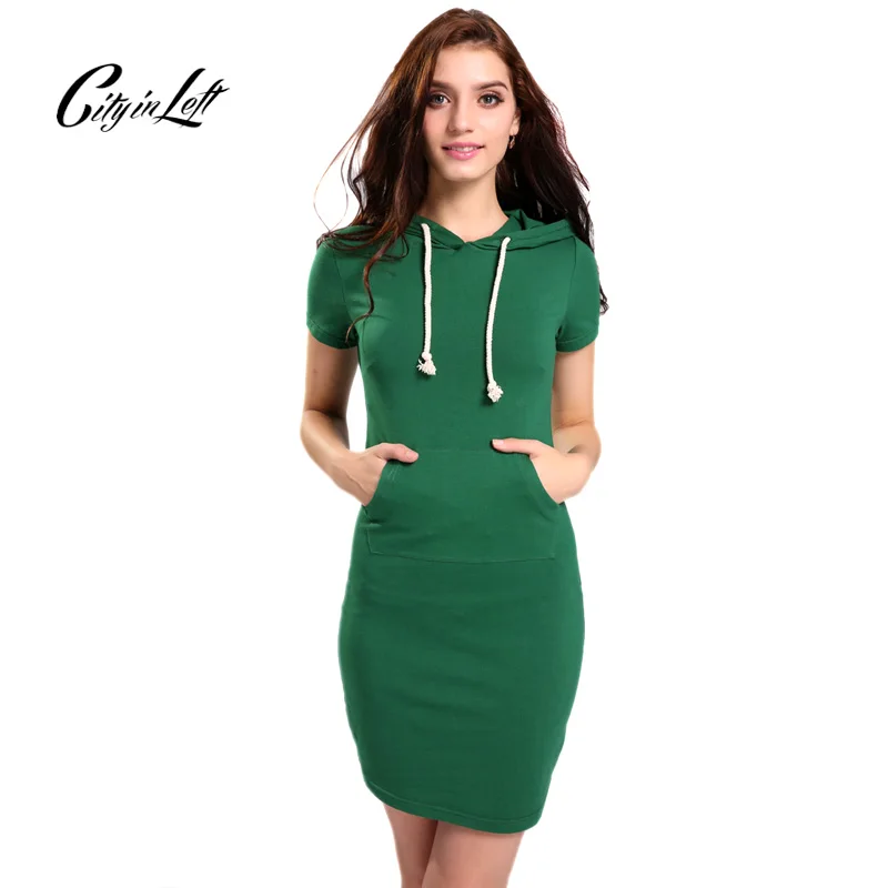 2016 New Casual Women Green Hooded Dress Active Short Sleeve Summer Hoodie Sheath Slim Custom Clothes 1162 | Женская одежда