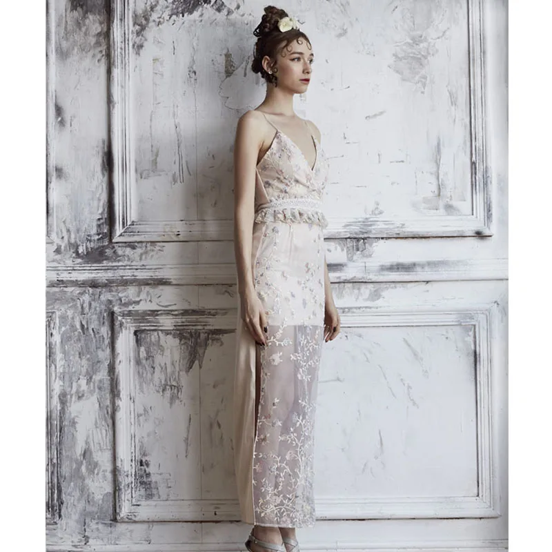 Бохо Лето Женщины Макси платье пикантные Разделение Вышивка V шеи платья без