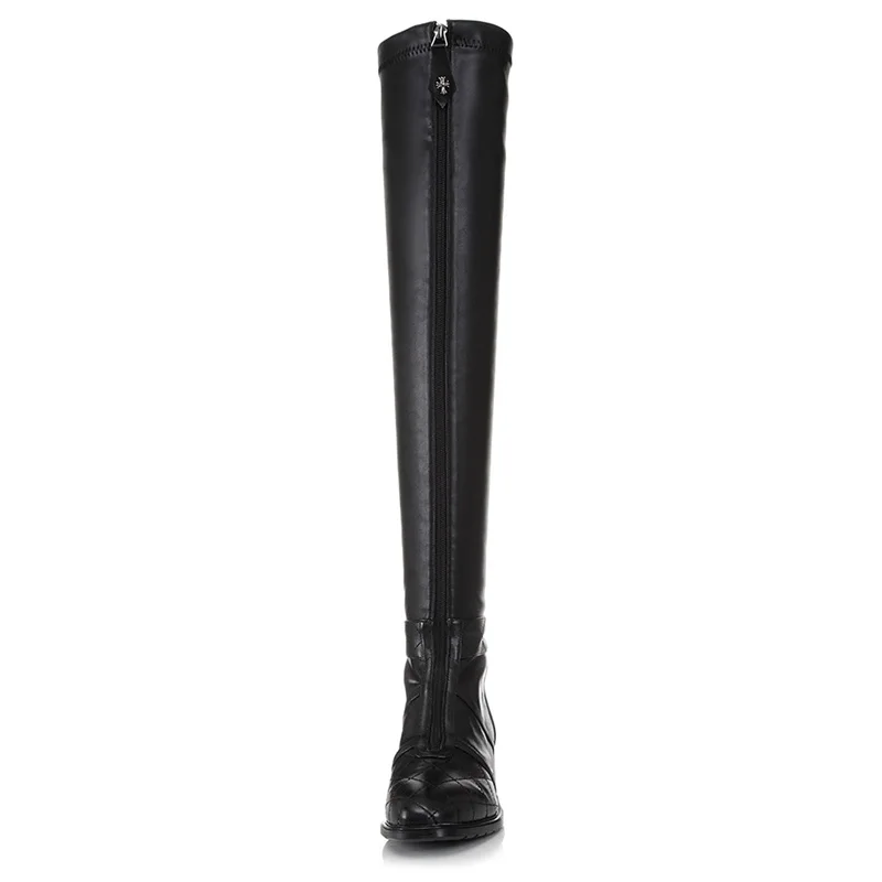 

EGONERY High Quality Gingham Ladies Real Cow Leather High Riding Boots Fashion Autumn Winter Warm Plush 4cm Mid Heel Woman Shoes