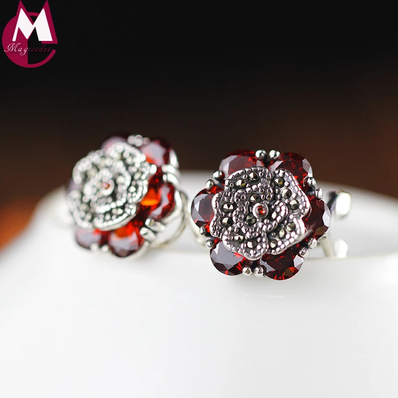 Natural Red Garnet Stud Earrings Female Fine Flower Mother Gifts Jewelry 100% 925 Sterling Silver For Women SE56 | Украшения и