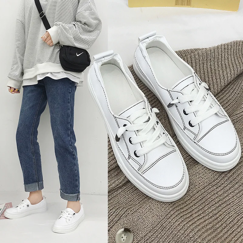 Женские туфли из искусственной кожи белые на плоской подошве со шнуровкой