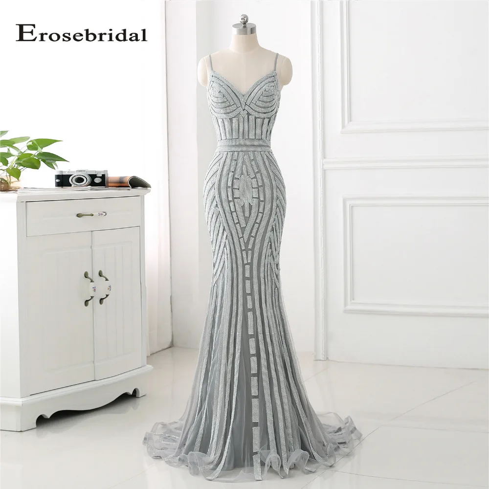 Женское вечернее платье с открытыми плечами Erosebridal серебристое длинное