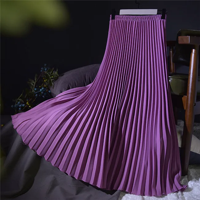 Color 12 Purple Женские летние Для женщин юбка Женский винтажная длинная юбка Для женщин s Saias Твердые упругие Высокая Талия Вечерние Повседневное Для женщин плиссированная юбка макси - Цвет: Color 12 Purple
