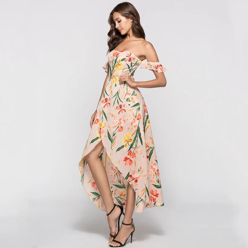 2018 с плеча Для женщин платье цветочным принтом сексуальная сторона спинки