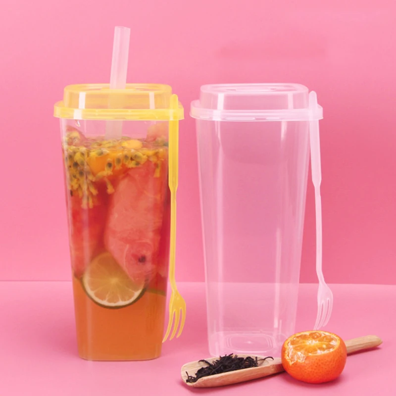 Disposable Plastic Fruit Tea Cup Take Out Drinks Mug With Lid And Fork One-off Big Capacity Drinkware Milk Packing Tools | Дом и сад