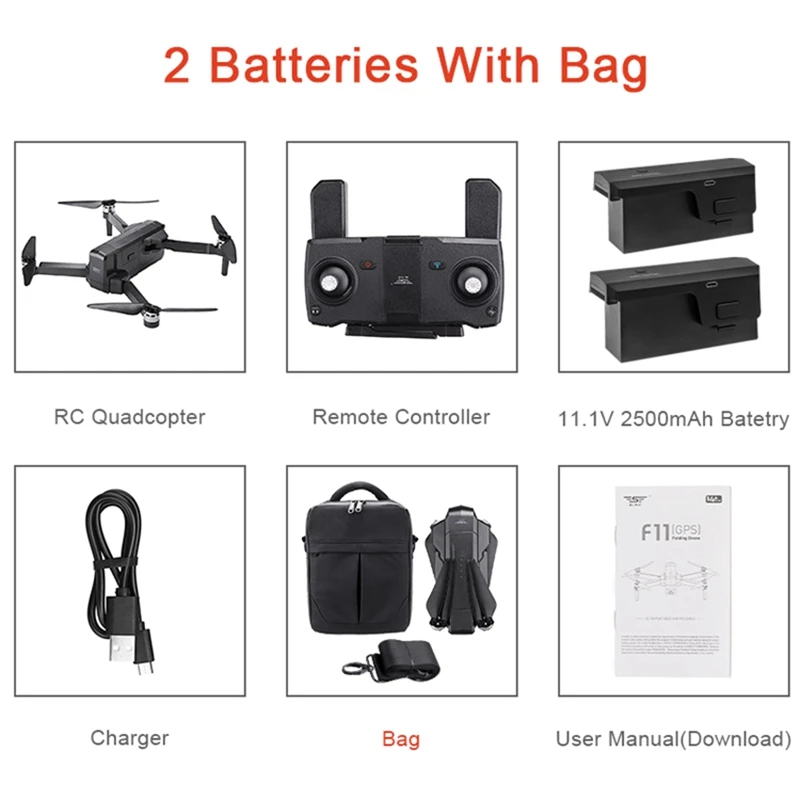 2 batteries with bag SJRC F11 PRO gps 5G Wifi 500 m FPV с 2 K широкоугольной камерой 28 минут время полета бесщеточный складной Радиоуправляемый Дрон Квадрокоптер RTF - Цвет: 2 batteries with bag