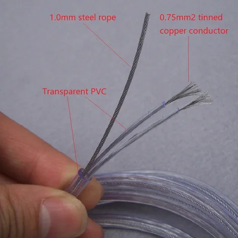 Прозрачный шнур питания 2*0,75 мм, электрический кабель с опорой 1,0 мм, стальной трос для светильников, электрический провод, подвесной светильник