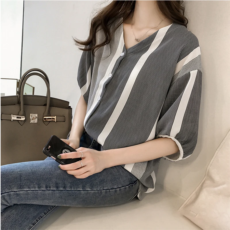 Женские блузки летние розовые полосатые рубашки хлопковые топы больших размеров